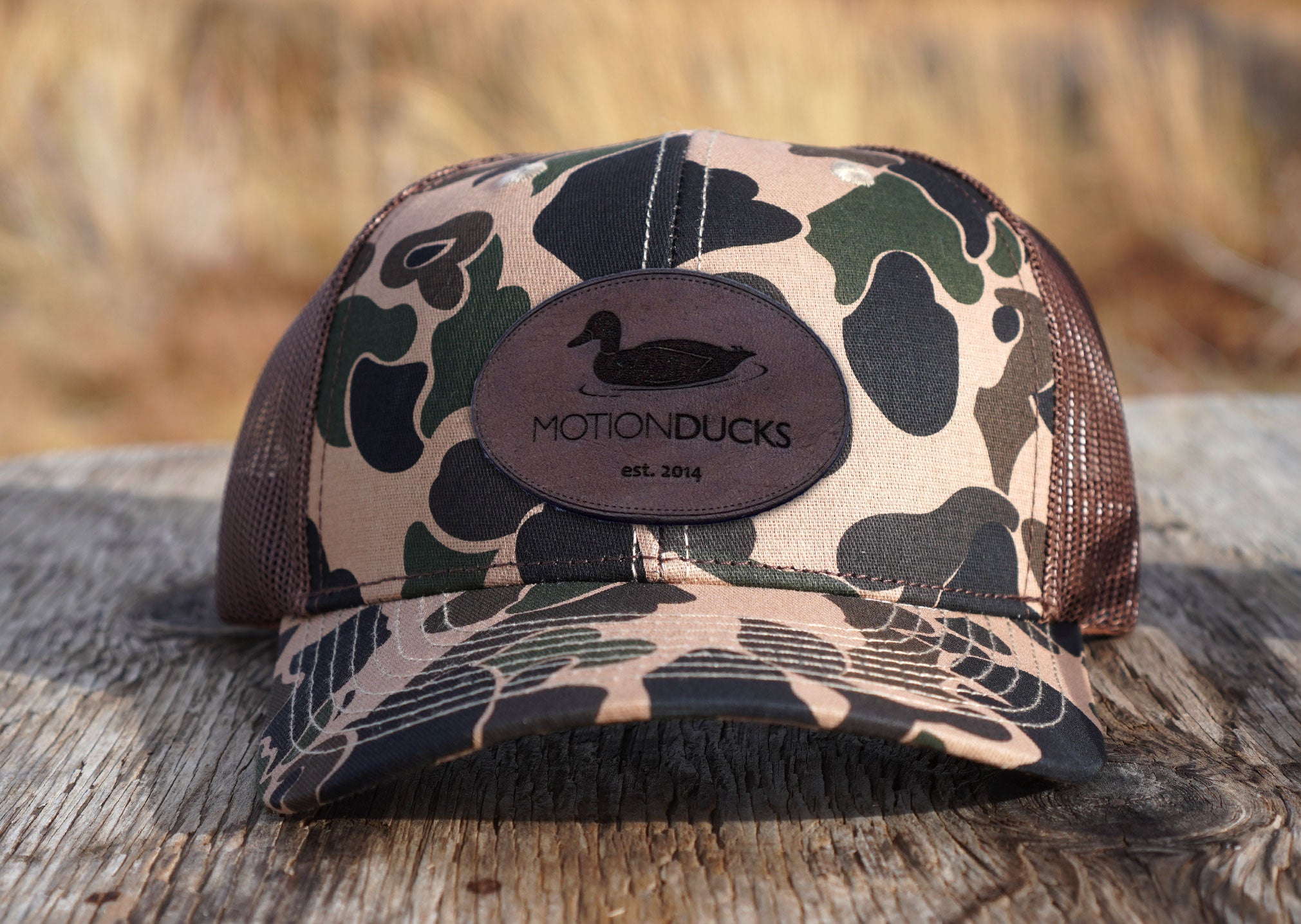 Vintage-Camo Hat with Elk Leather Patch - Motion Ducks, LLC